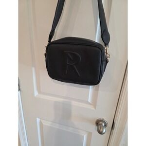 ANGELA ROI Faux Black Leather Embossed R Camera Crossbody Bag Gold Hardware